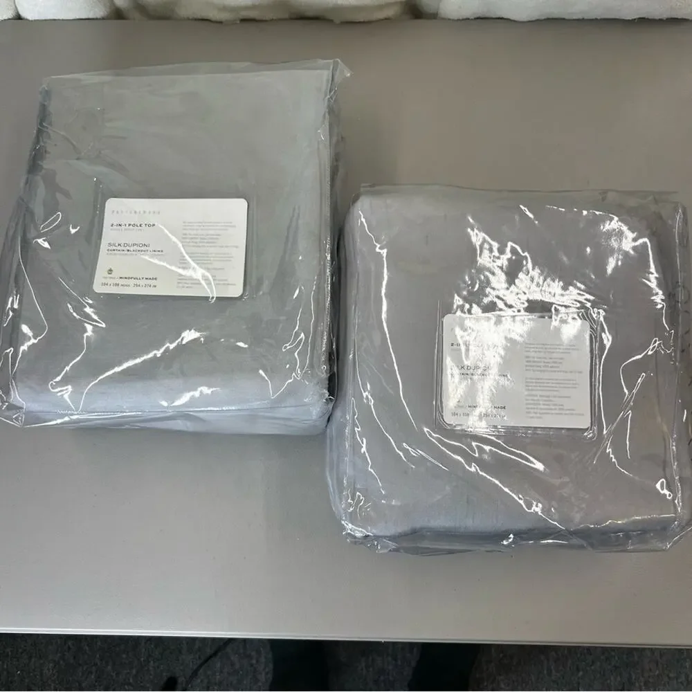 2 Pottery Barn Silk Dupioni Curtain Panels Blackout Platinum Silver Gray NWT